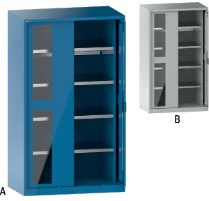 V06040: Armadi per merci pesanti con ante a scomparsa e riquadri trasparenti, ripiani e cassetti; LISTA