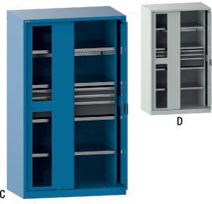 V06045: Armadi per merci pesanti con ante a scomparsa e riquadri trasparenti, ripiani e cassetti; LISTA