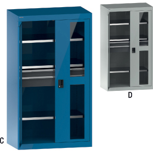 V06075: Armadi per merci pesanti con ante battenti e riquadri trasparenti, ripiani e cassetti; LISTA