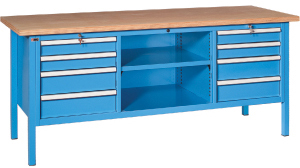 V15230: Banchi da lavoro con struttura monoblocco e piano in multistrato; TKN_MAG-LINE